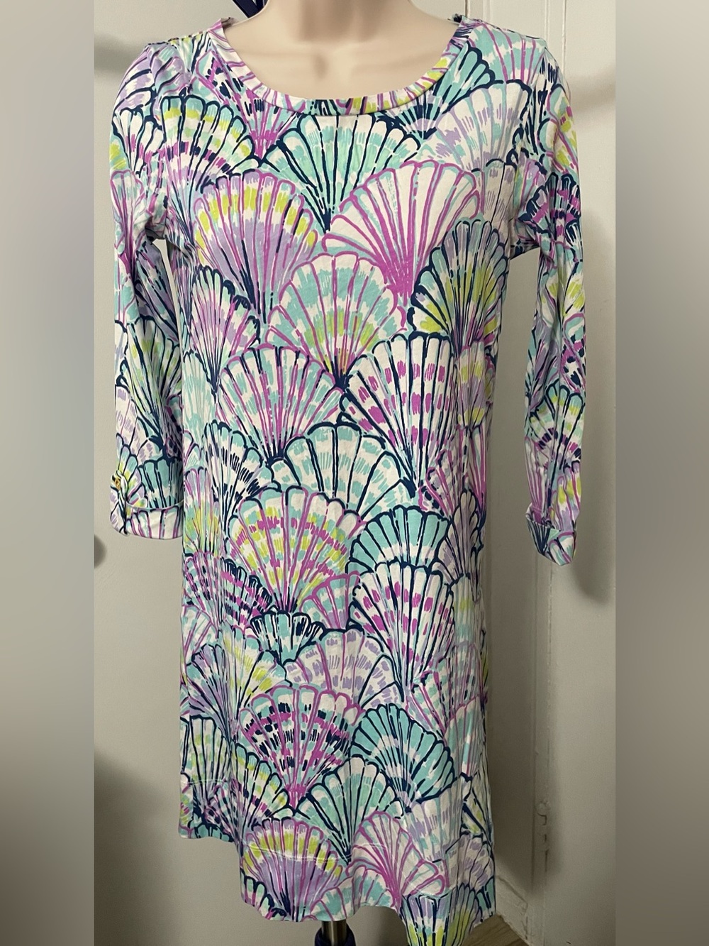 Lilly Pulitzer Pastel Shell-Print 3/4 Sleeve Shift Dress Sz.XS